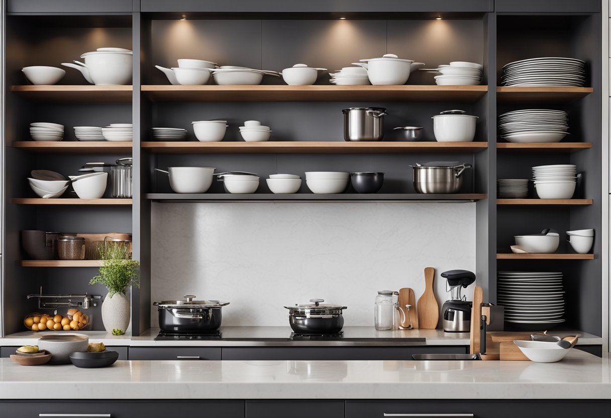 A modern kitchen with sleek, open shelving displaying organized cookware, utensils, and decorative items. Clean lines and functional design highlight the space
