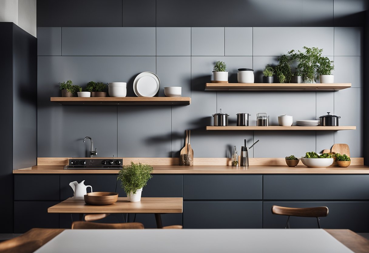 A modern kitchen with sleek, floating shelves showcasing innovative designs and maximizing the space's design potential