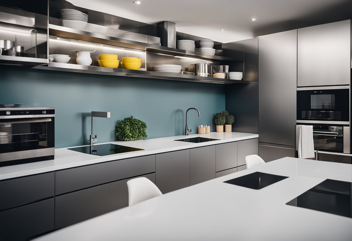 A modern kitchen with sleek metal shelving, showcasing a mix of open and closed storage. Clean lines and minimalist design with pops of color