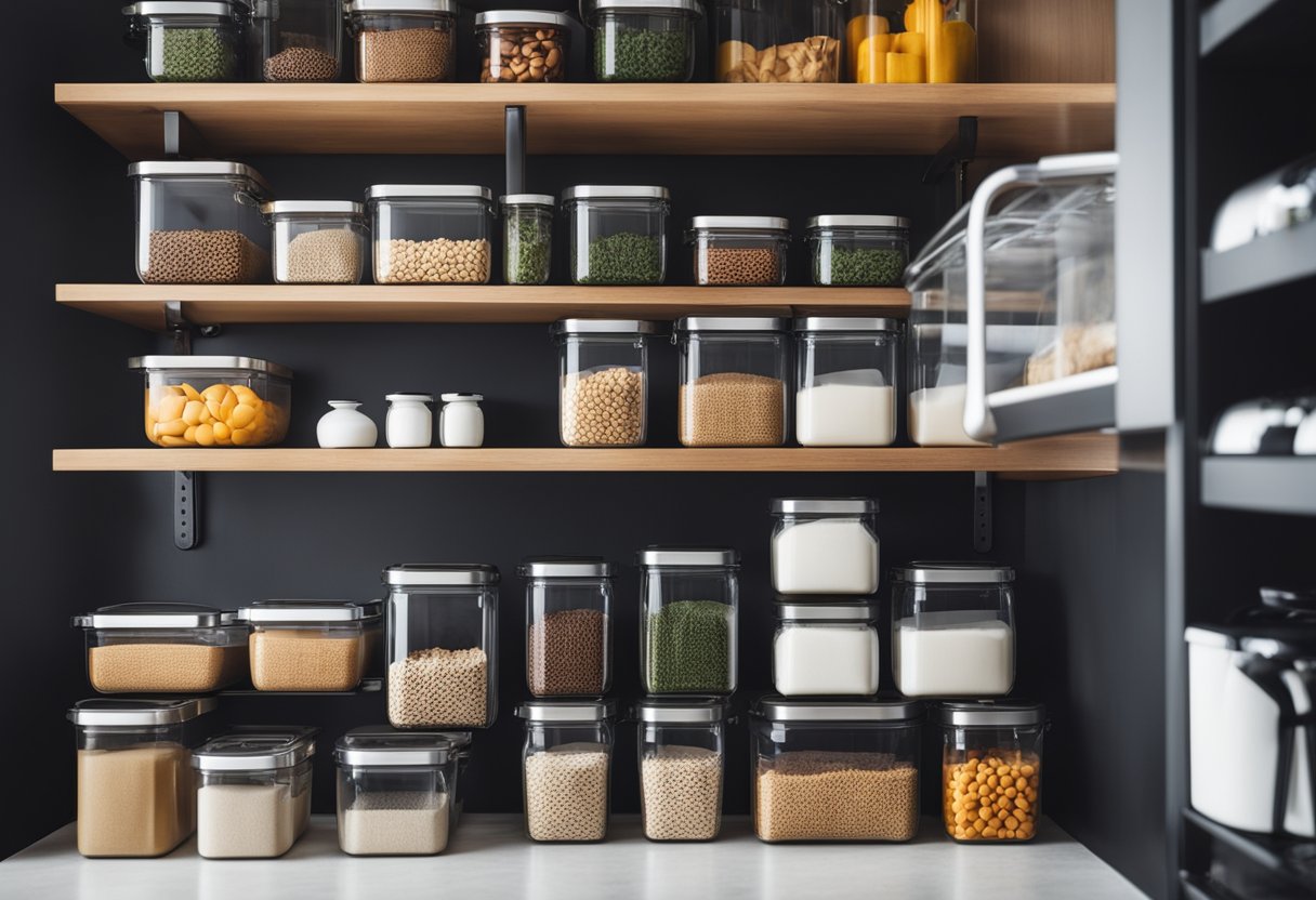 A well-organized kitchen with adjustable shelving, labeled containers, and space-saving storage solutions
