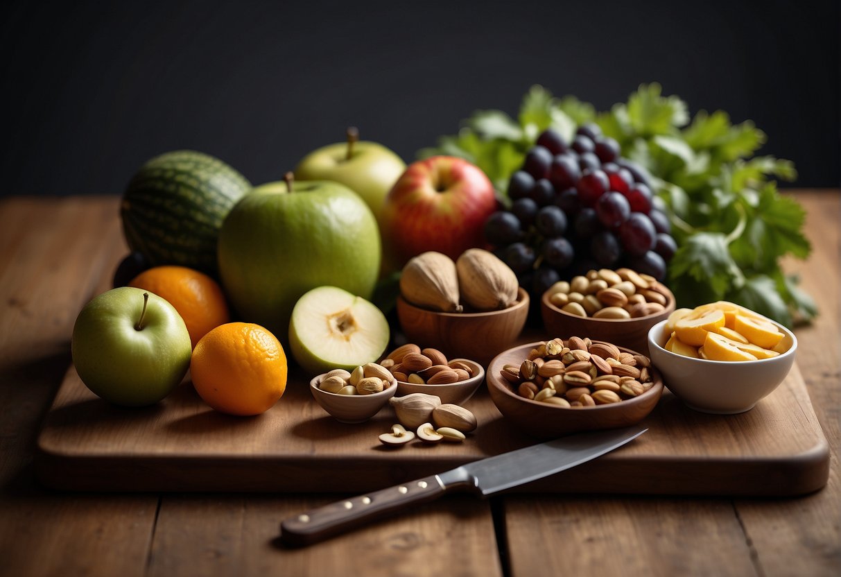 Assorted fruits and vegetables arranged on a wooden cutting board with a knife. A bowl of nuts and seeds sits nearby
