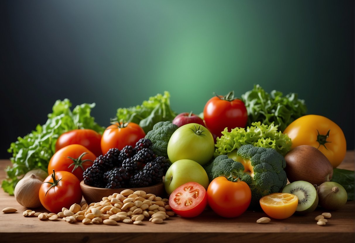 A colorful array of fresh fruits, vegetables, nuts, and seeds spread out on a wooden table, with vibrant green lettuce leaves and ripe red tomatoes