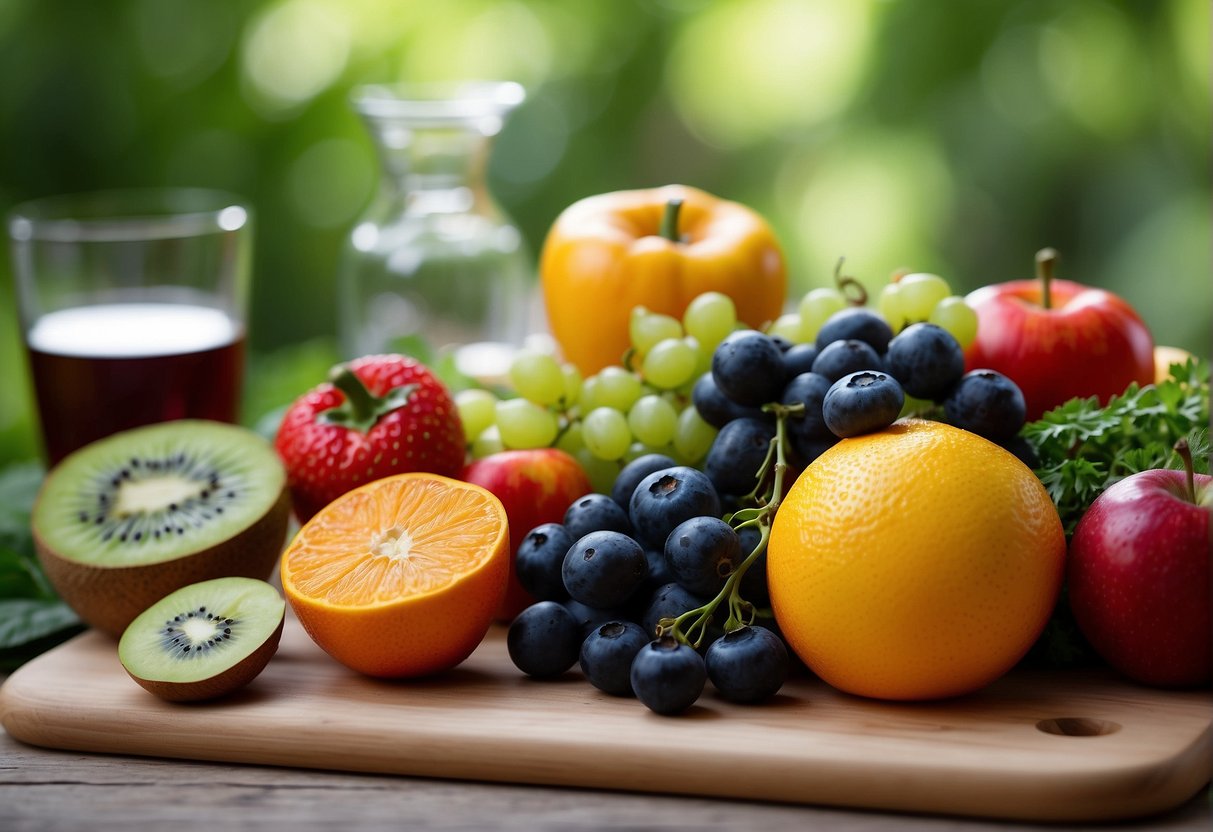 A colorful array of fresh fruits, vegetables, nuts, and seeds arranged on a wooden cutting board, with vibrant green leaves and a clear glass of water nearby