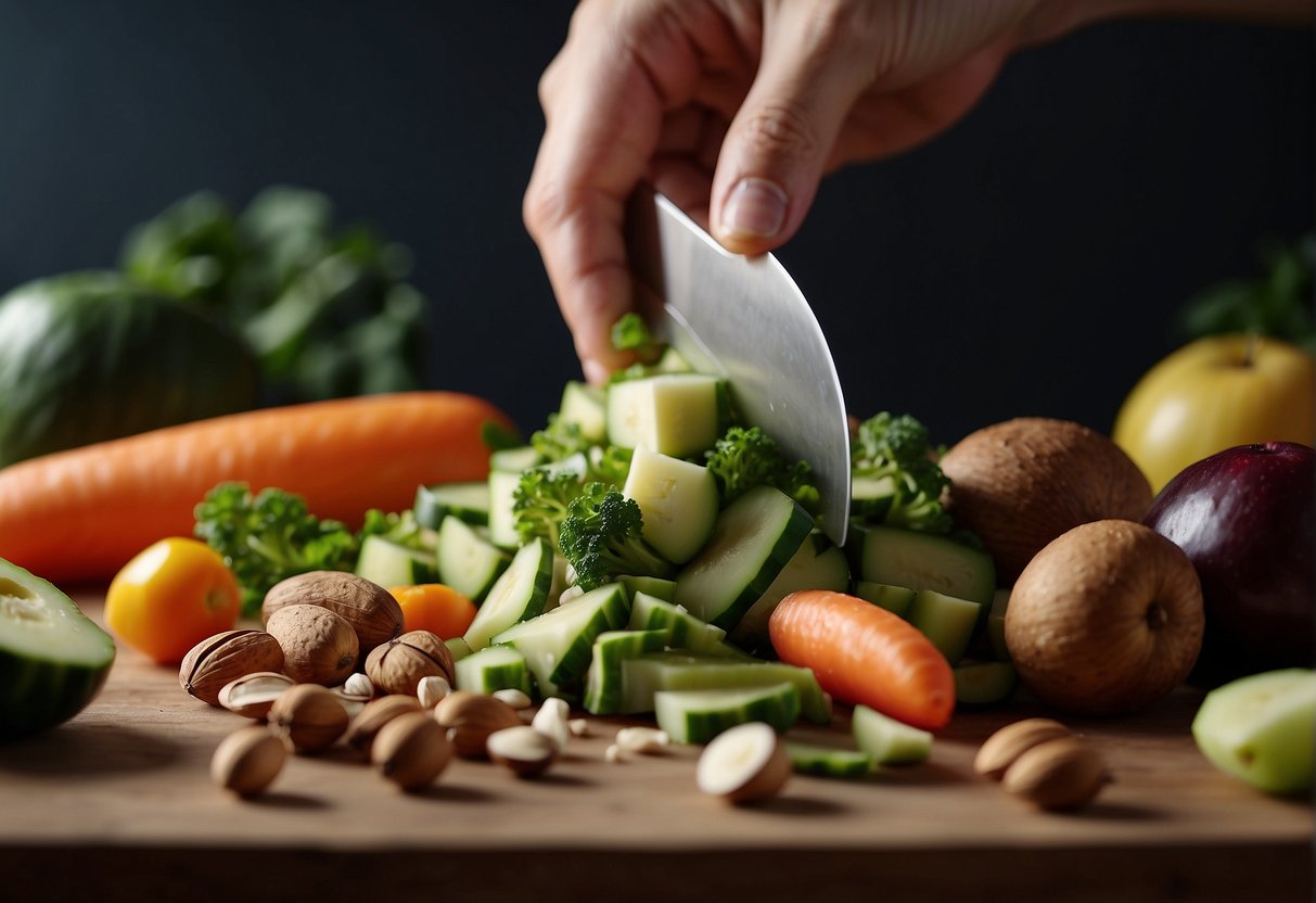Fresh vegetables being chopped, fruits being sliced, and nuts being crushed for a raw food diet