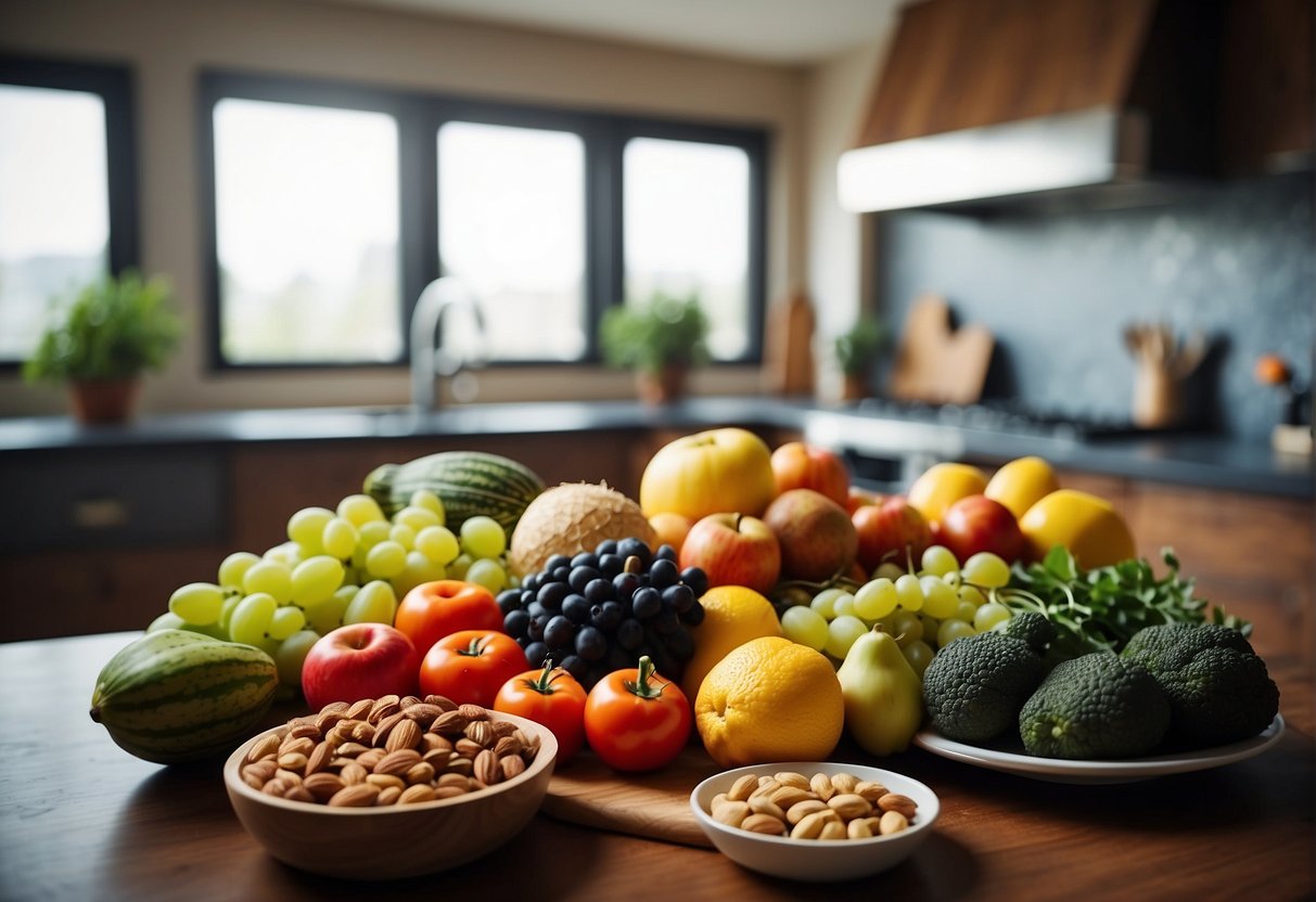 A kitchen counter with fresh fruits, vegetables, and nuts. A raw meat package is separated from the rest