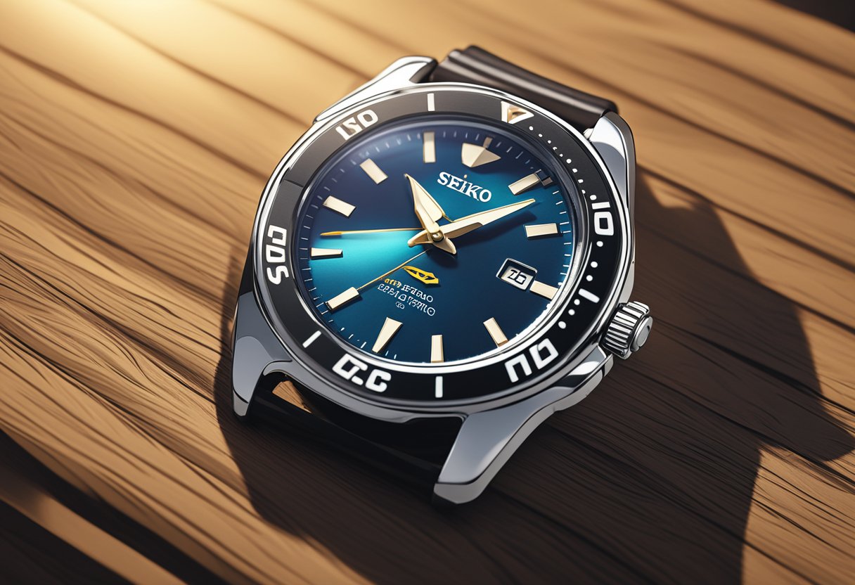 Eine Seiko Mod Uhr, die auf einer hölzernen Oberfläche ruht. Das Sonnenlicht wirft ein sanftes Licht auf das elegante, metallische Design.