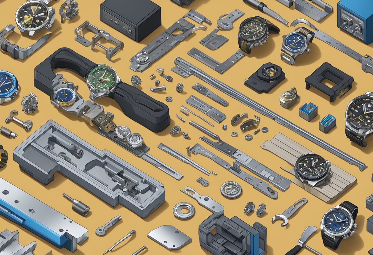 Un banco de trabajo con piezas de relojes Seiko, herramientas y equipos de modificación ordenados para su personalización.