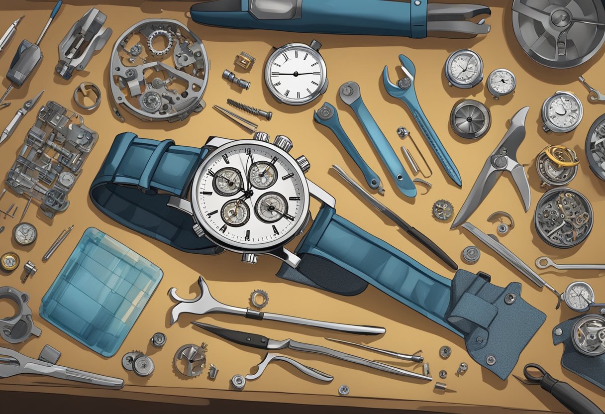 A watch being disassembled with tools laid out on a workbench, with various watch parts and modding components organized in small containers
