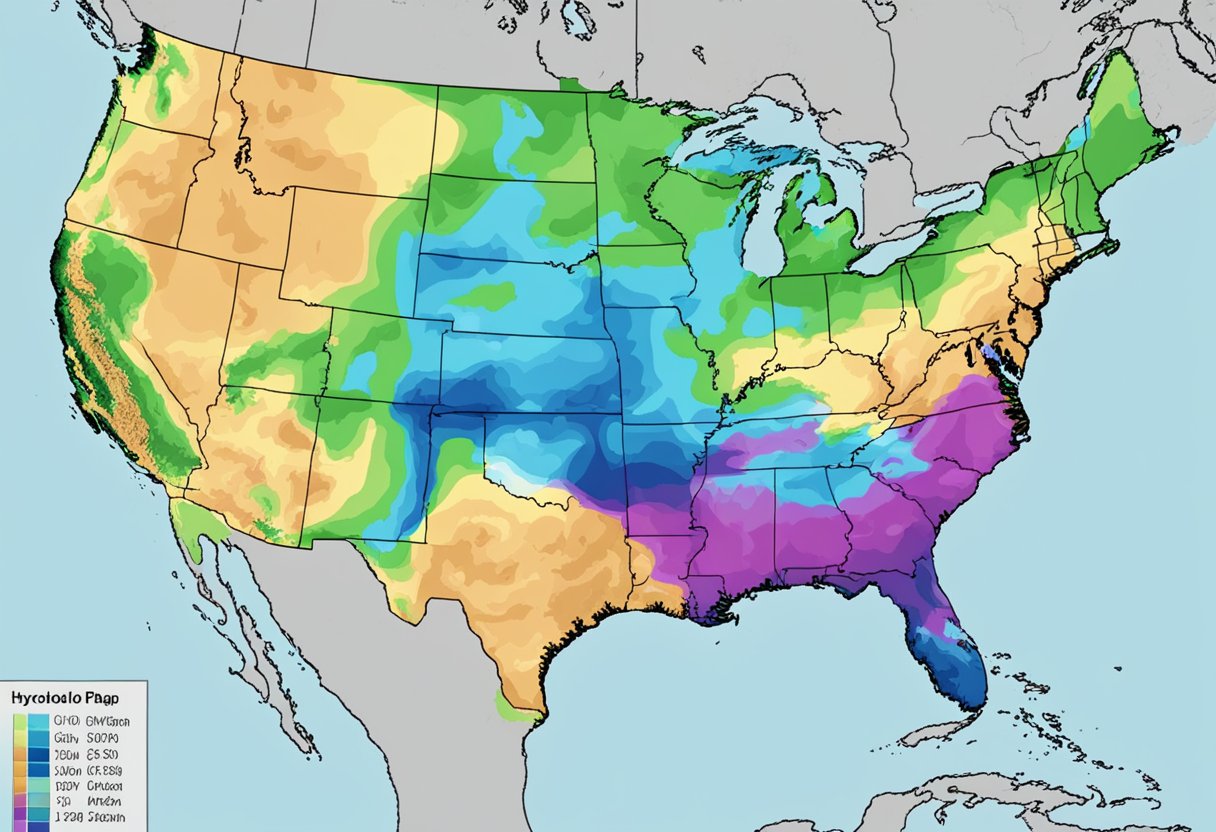 An animated weather map displaying hydrologic outlook data and precipitation forecasts