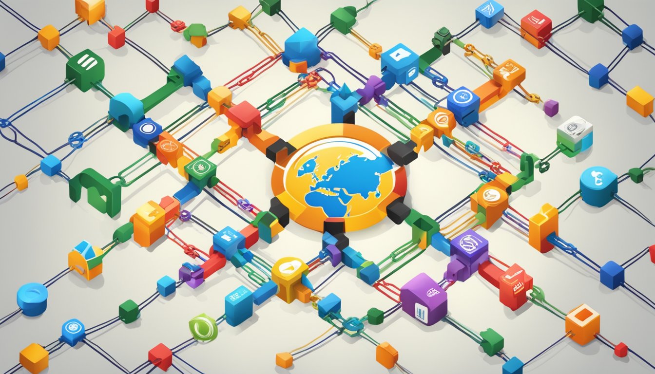 A scene of top brand logos surrounded by a web of interconnected links, symbolizing their success in SEO through link building