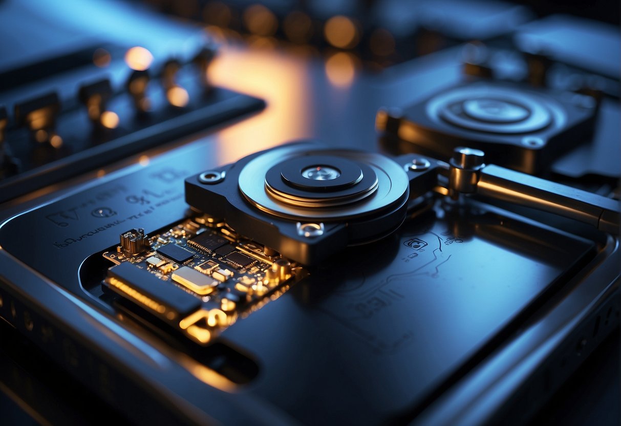 A computer hard drive being wiped clean with a data erasure tool, surrounded by digital lock and key symbols, representing the importance of data erasure in cybersecurity