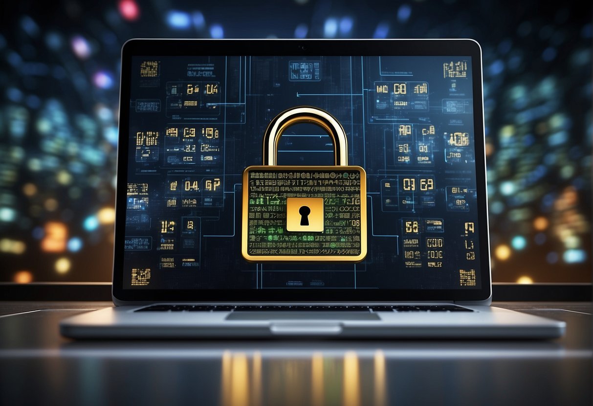 A computer screen displaying a secure data erasure process, with a padlock symbol and a progress bar, surrounded by digital security icons