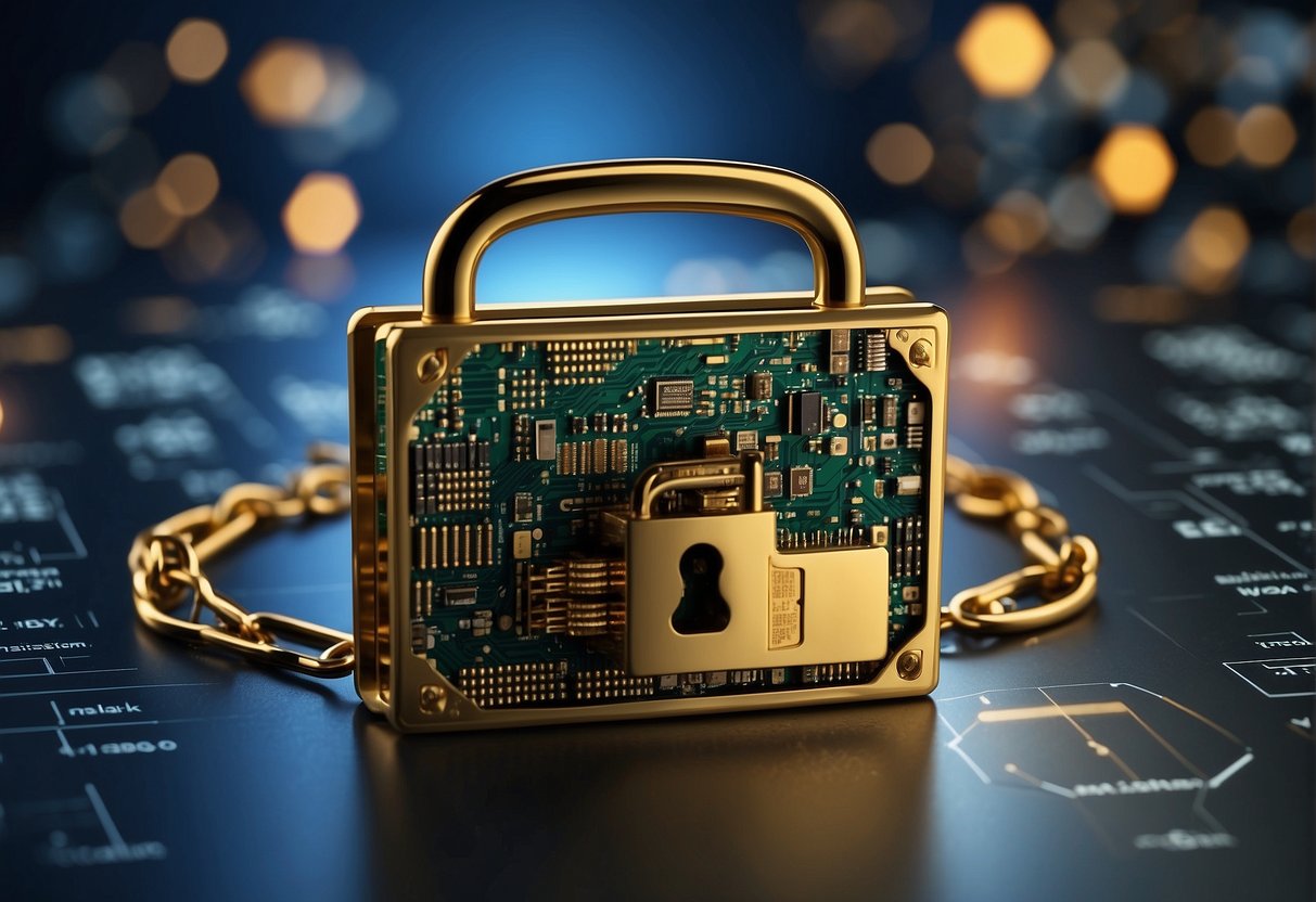 A computer screen displaying a secure data erasure process with a padlock symbol, surrounded by cybersecurity icons and compliance regulations