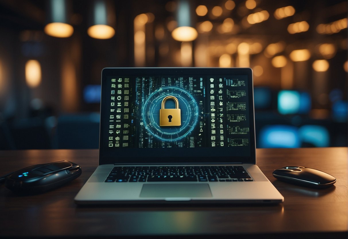 A computer screen displaying a secure data erasure process, surrounded by lock icons and shield symbols, with a digital padlock in the center