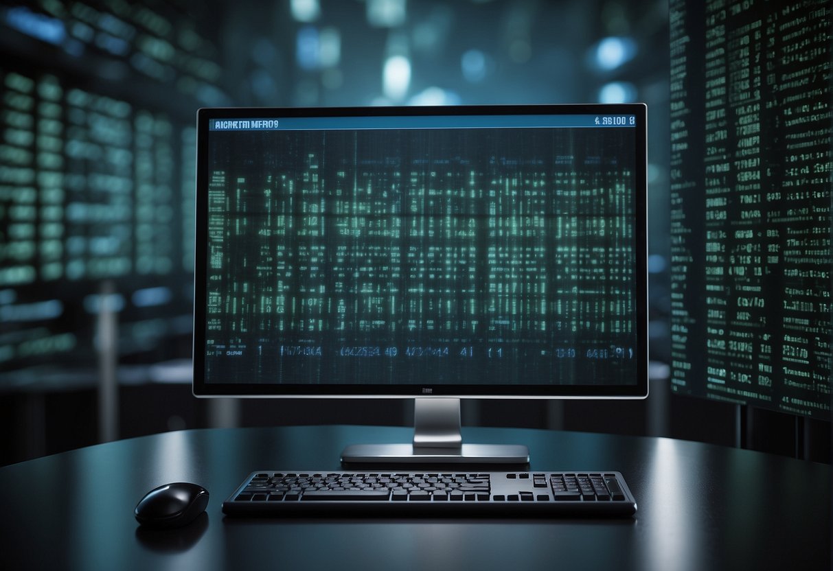 A computer screen displaying a secure data erasure process with binary codes and encryption algorithms in the background