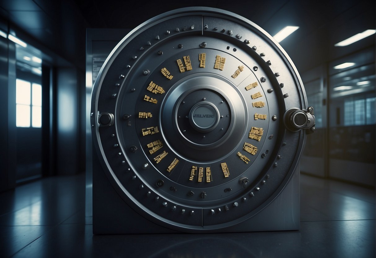 A secure vault door being closed and locked, with a computer monitor displaying a message "Data Erasure Complete" in a dimly lit room