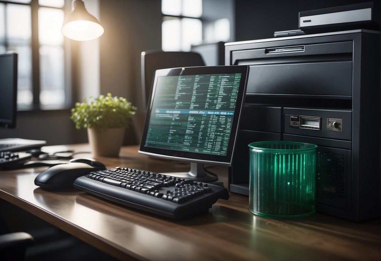 A computer desk with a locked file cabinet, a shredder, and a recycling bin. A computer screen shows a data erasure software program running