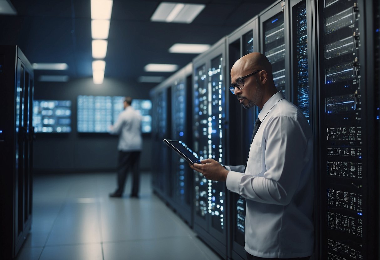 A server room with multiple racks of computers being wiped clean. A technician overseeing the data erasure process in a secure facility
