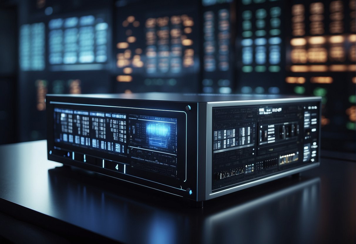 A futuristic data erasure machine erasing digital information from a computer server, surrounded by glowing cyber security symbols