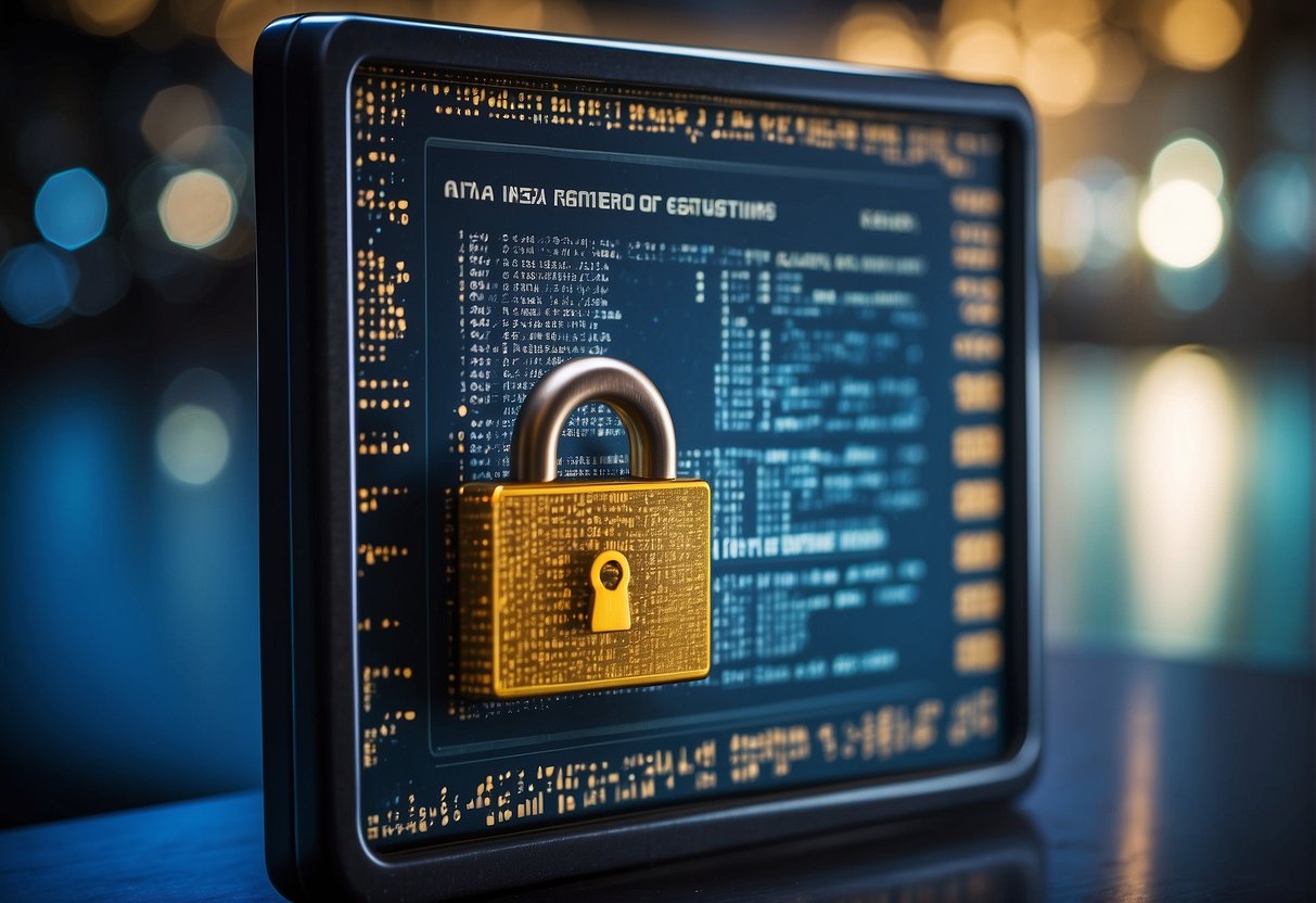 A computer screen displays a list of frequently asked questions about the importance of data erasure in cybersecurity. An open padlock symbolizes security