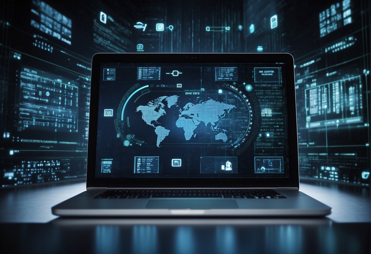 A computer screen displays a progress bar for data erasure, surrounded by security icons and encryption symbols, emphasizing data protection and cybersecurity