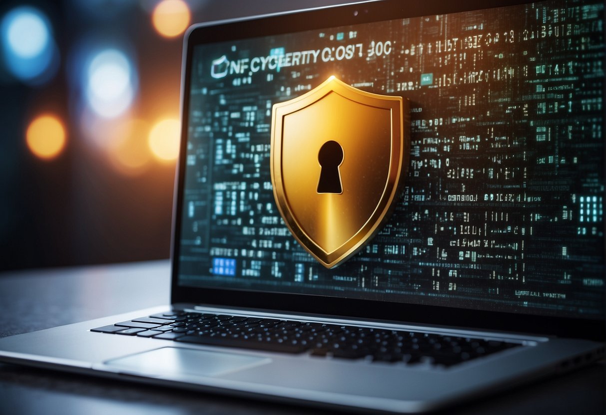 A computer screen displaying a secure data erasure process with a lock icon, shield, and firewall symbolizing cybersecurity and data protection