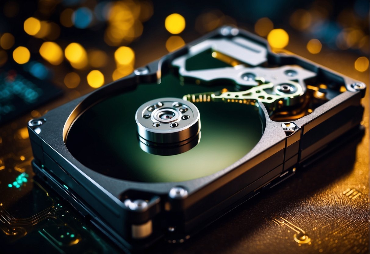 A computer hard drive being wiped clean with a secure data erasure software, surrounded by symbols of cybersecurity and data protection