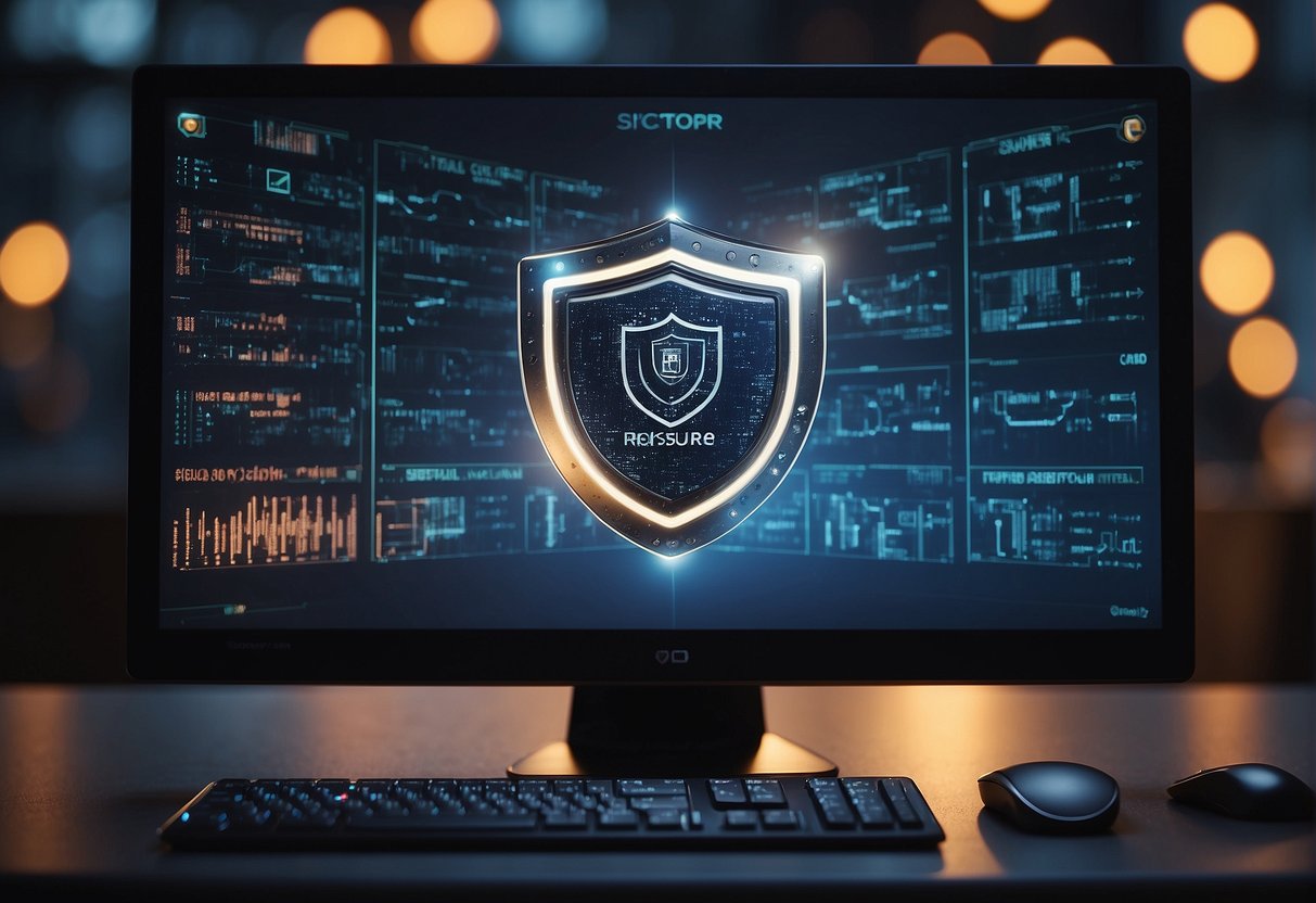 A computer screen displaying a secure data erasure process with a shield symbol, lock icon, and a firewall in the background