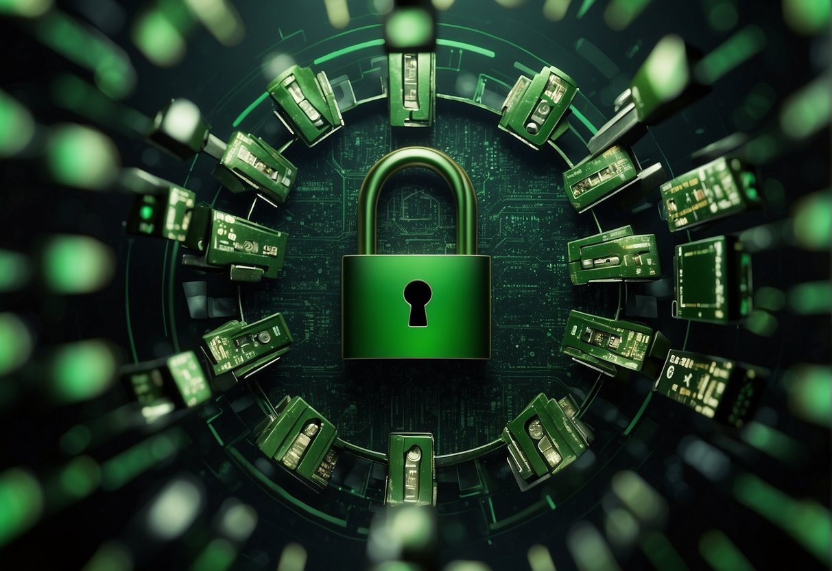 A computer screen displaying a lock symbol being erased by a green eco-friendly icon, surrounded by digital shields and padlocks