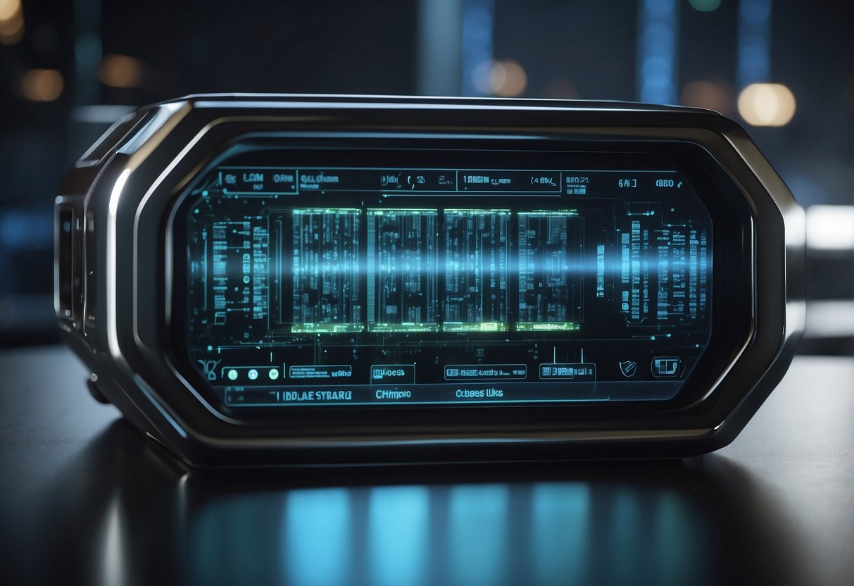 A futuristic data erasure machine hums as it wipes clean a glowing digital interface, surrounded by advanced cybersecurity equipment