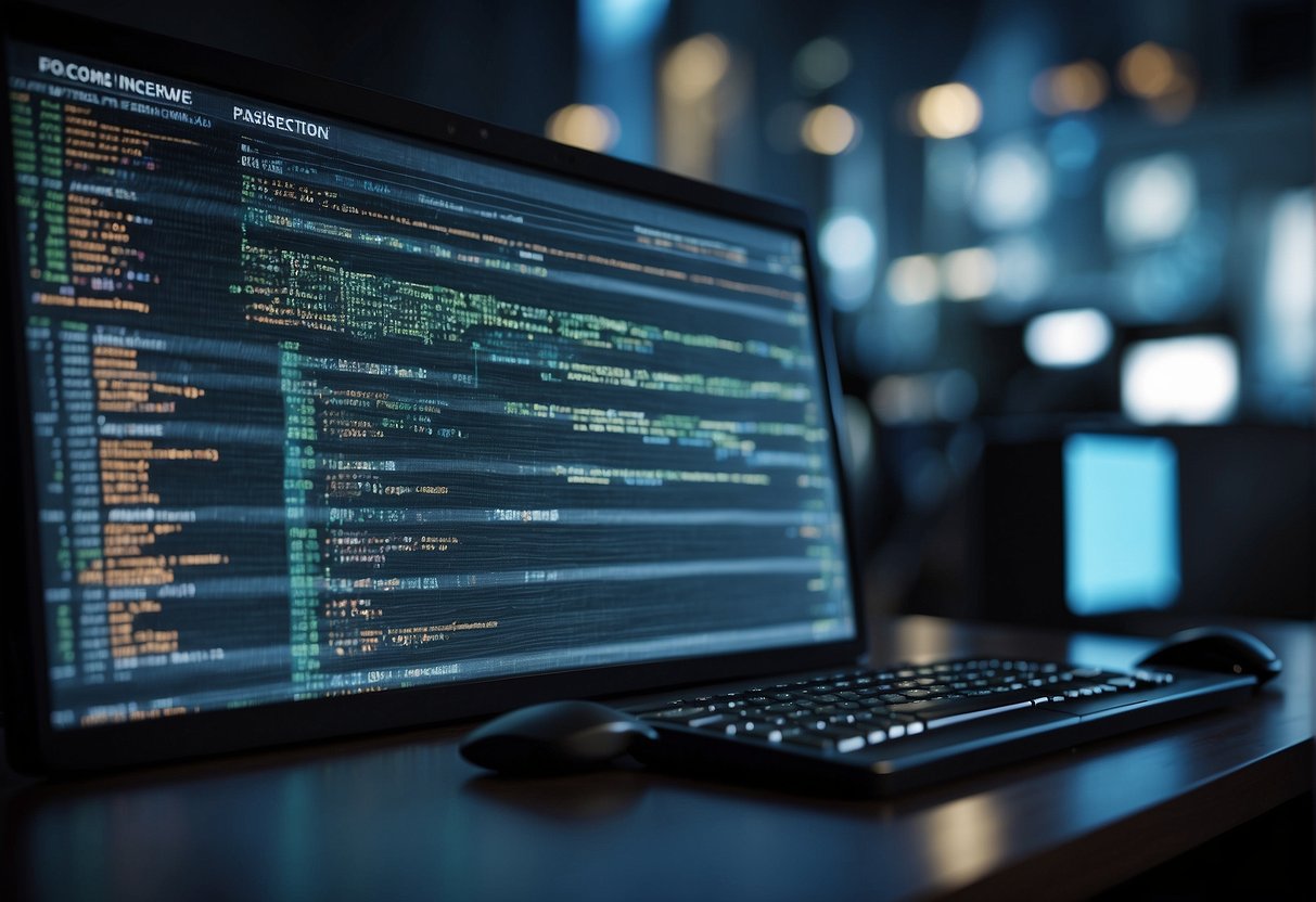 A computer screen displaying "Frequently Asked Questions" with keywords: data erasure, cybersecurity, data protection