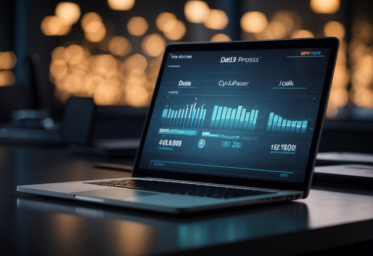A computer screen displays data erasure software in action, with a progress bar indicating the process. A lock icon symbolizes GDPR compliance