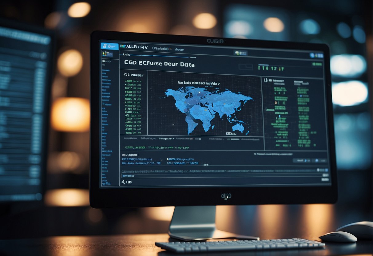 A computer screen displaying data erasure software in action, with a GDPR compliance logo in the corner. The software is securely wiping data from a hard drive, ensuring compliance with GDPR regulations
