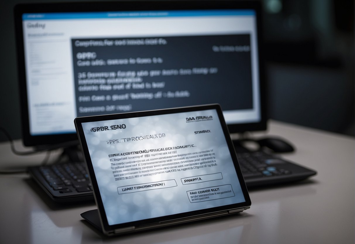 A computer screen displaying data erasure software deleting personal information, with a GDPR compliance certificate in the background