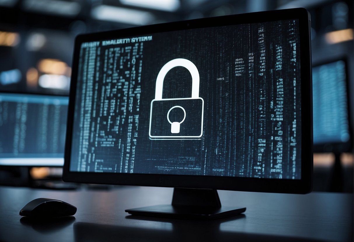 A computer screen displaying data erasure software in action, with a padlock symbol and GDPR logo in the background. Security measures are highlighted through encryption and data deletion processes