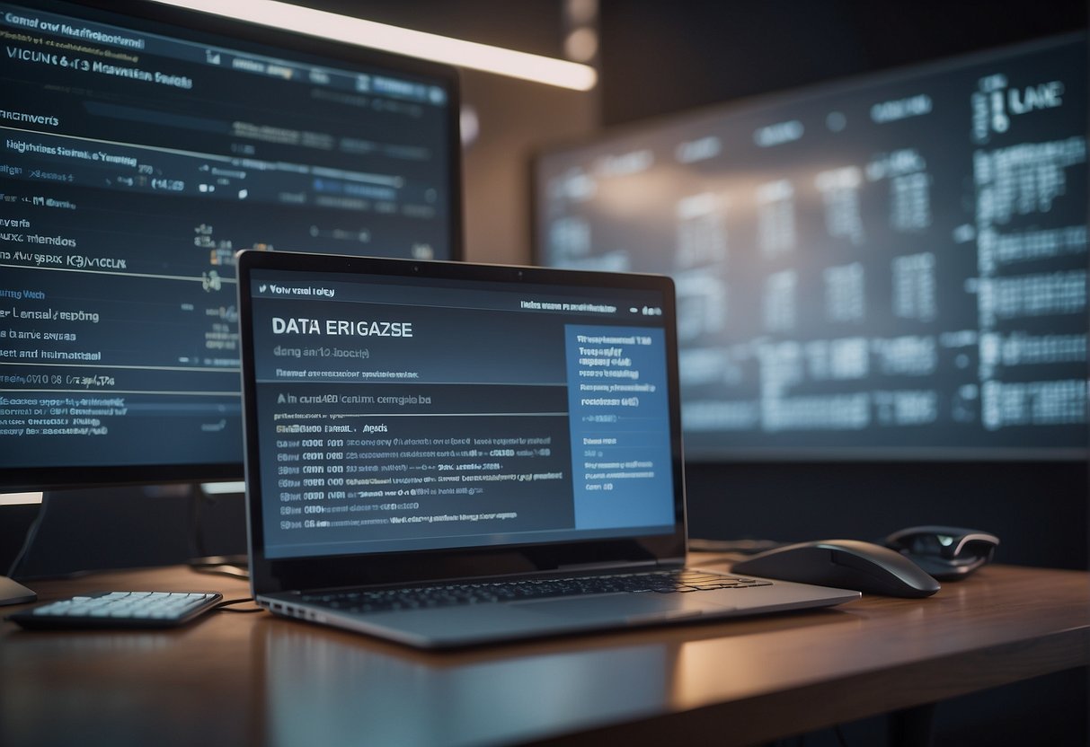 A computer screen displaying data erasure software ensuring GDPR compliance, with a checklist of compliance requirements and a progress bar indicating successful erasure