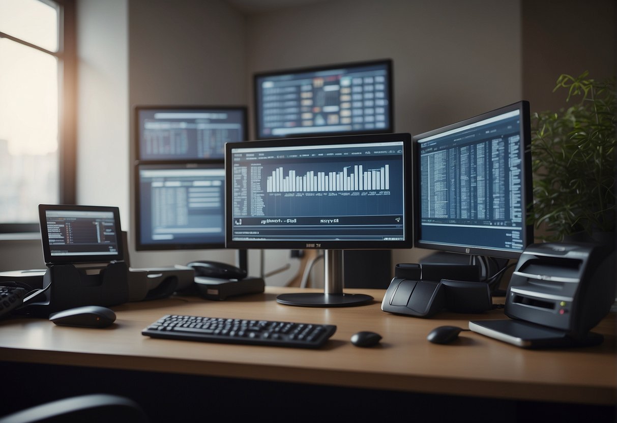 A desk with a computer, files, and a data erasure software program open on the screen, with a sign reading "Data Protection Officer" on the wall