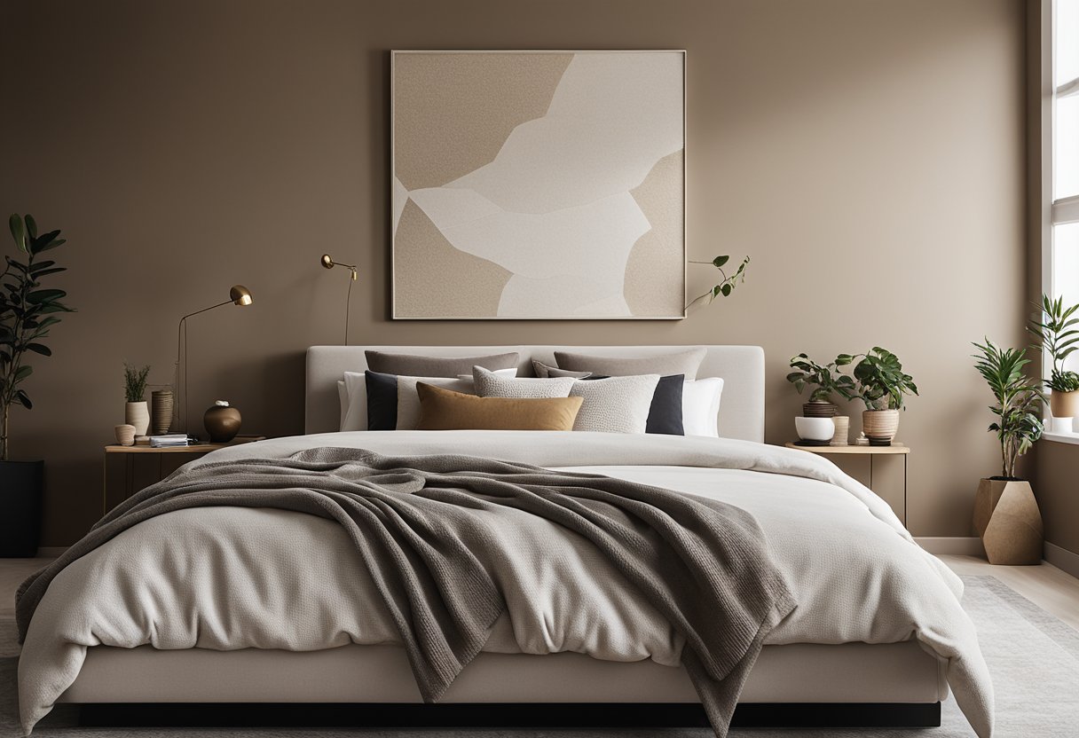 A cozy bedroom wall with a neutral color scheme, featuring a textured accent wall painted in a warm, earthy tone. The wall is adorned with a simple yet stylish mural or pattern, adding depth and character to the space