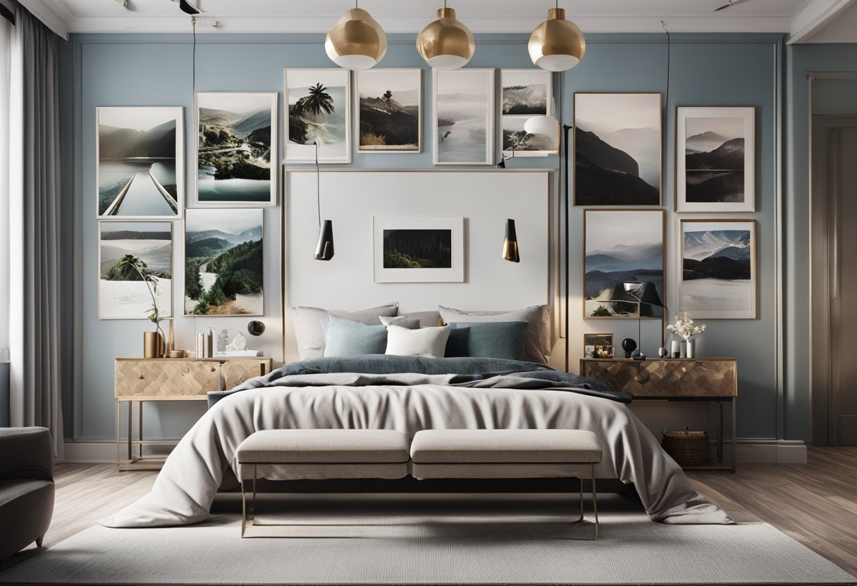 A bedroom wall adorned with various decorative elements, such as paintings, photographs, and wall decals, adding style and character to the space