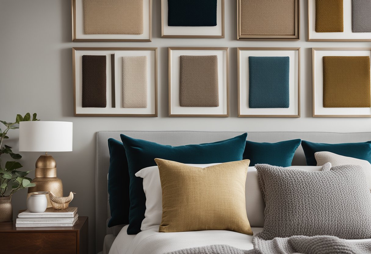 A cozy bedroom with a mix of textures: velvet, linen, and knits. A gallery wall of framed fabric swatches adds color and personality to the space
