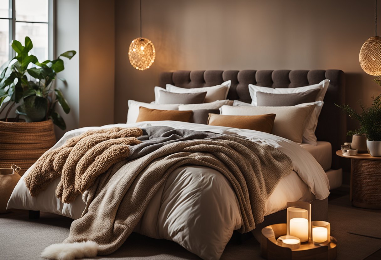 A cozy bedroom with warm, earthy tones, soft lighting, and plush textiles. A mix of modern and vintage decor creates a stylish and inviting space