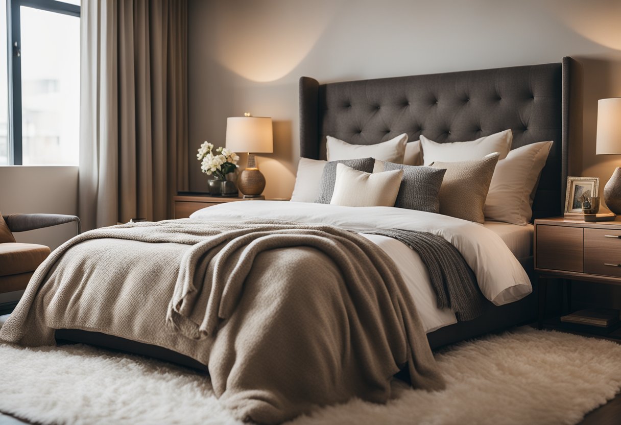 A warm, inviting bedroom with soft, neutral colors, plush bedding, and warm lighting. Cozy elements like a fluffy rug, throw pillows, and a reading nook create a stylish and comfortable space