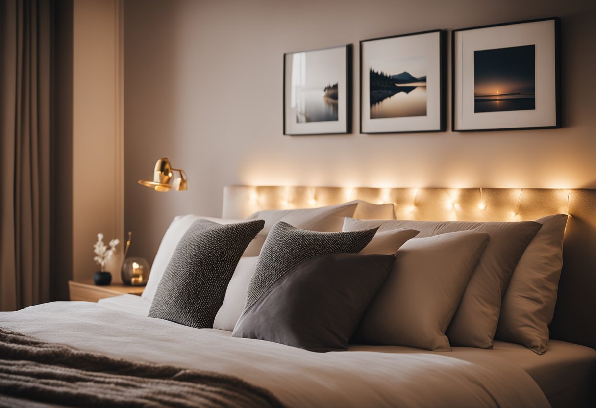 A softly lit bedroom with warm, ambient lighting. Cozy decor includes plush pillows, soft blankets, and stylish artwork on the walls