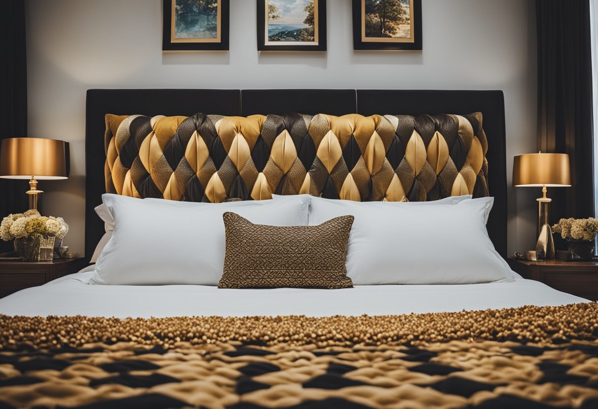 A bed with various pillows arranged in different styles and patterns, adding color and texture to the room