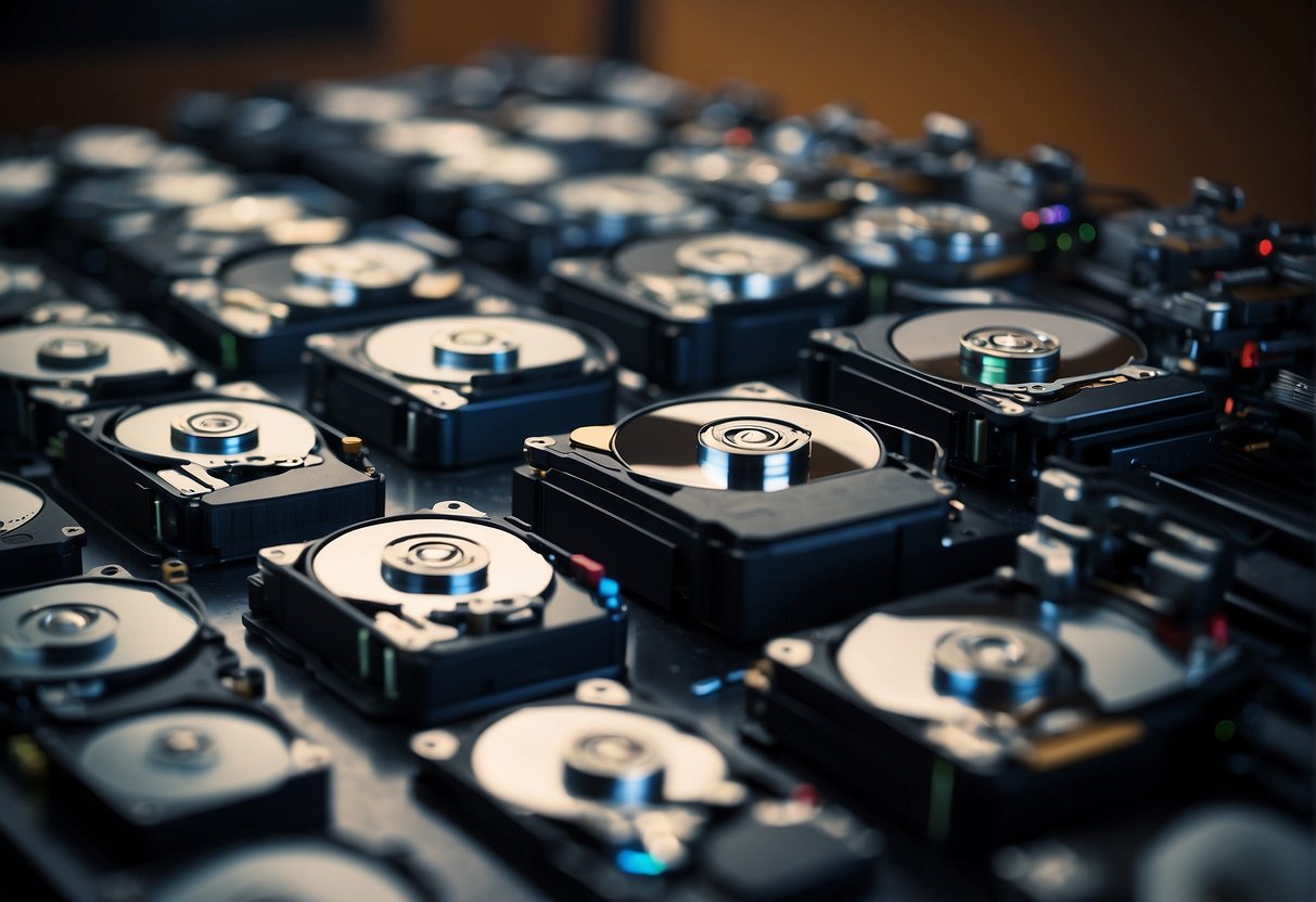 Multiple hard drives and servers being wiped clean with powerful data erasure software, leaving no trace of sensitive information