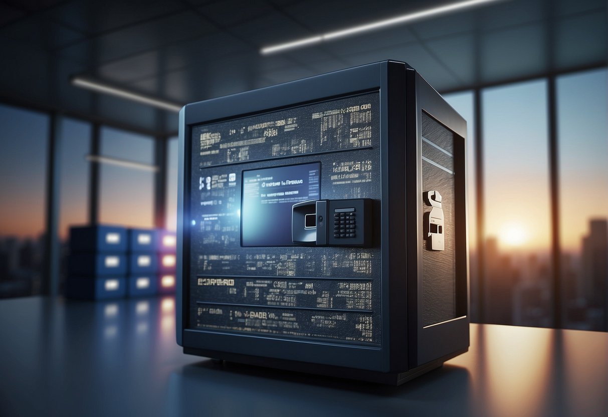 A secure data erasure process in a corporate setting, with a computer screen displaying erasure methods and a locked file cabinet symbolizing enterprise security