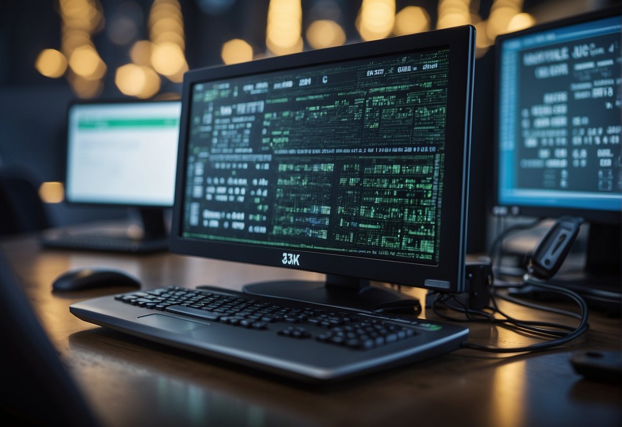 A computer screen displaying various data erasure techniques with a lock symbol in the background. An external hard drive and a shredder are also present in the scene