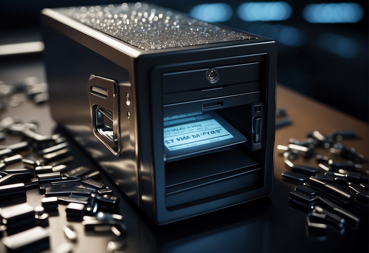 A secure data erasure process is depicted with a locked vault, a shredder, and a digital wipe