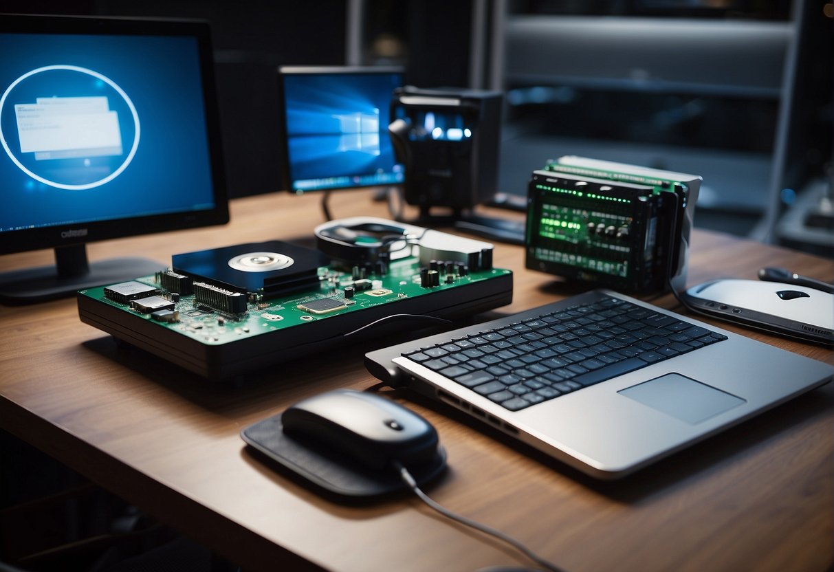 A table with a computer, hard drive, and data erasure tools. A secure data erasure method is being performed on the hard drive