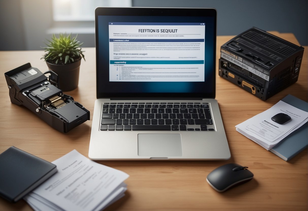 A table with a laptop, hard drive, and shredder. A document with "Frequently Asked Questions Top Data Erasure Methods for Enterprise Security" printed on it